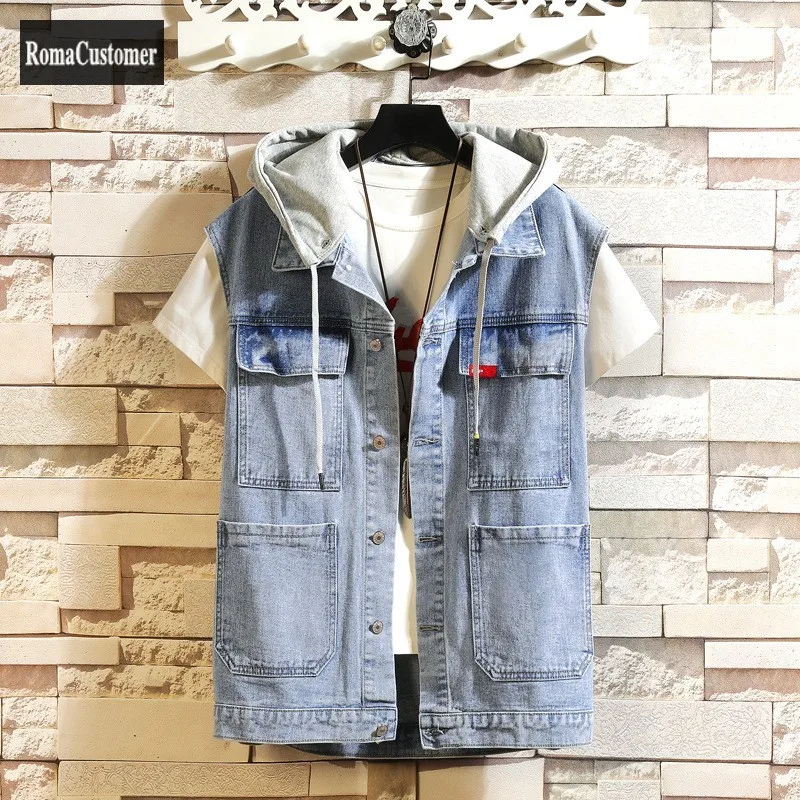 

Summer Mens New Denim Vest Large Size Cargo Sleeveless Single Breasted Turn-Down Collar Straight Pockets Male Vest Jackets