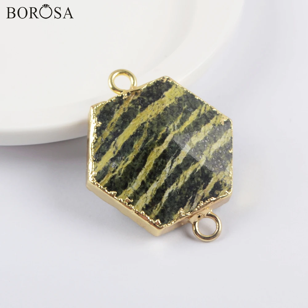 

BOROSA Hexagon Natural Gems Stones Connector for Bracelet Making Gild Double Charms Geometric Pendants Beads for Necklace WX1499