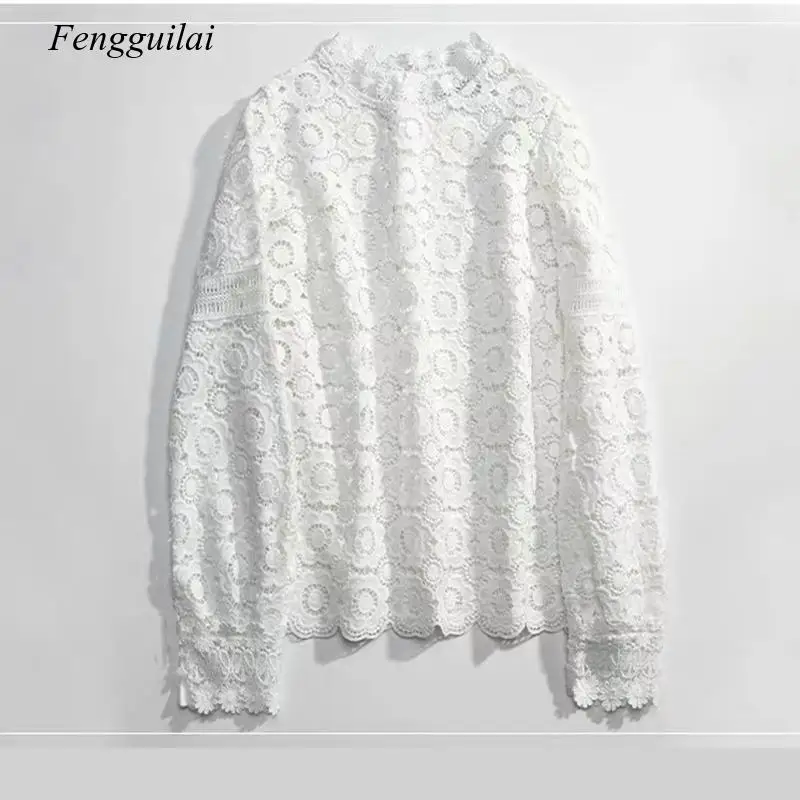 

Elegant White Lace Blouse Shirt Women Lantern Sleeve Sexy Hollow Out Embroidery Patchwork Blouses Autumn Tops Female