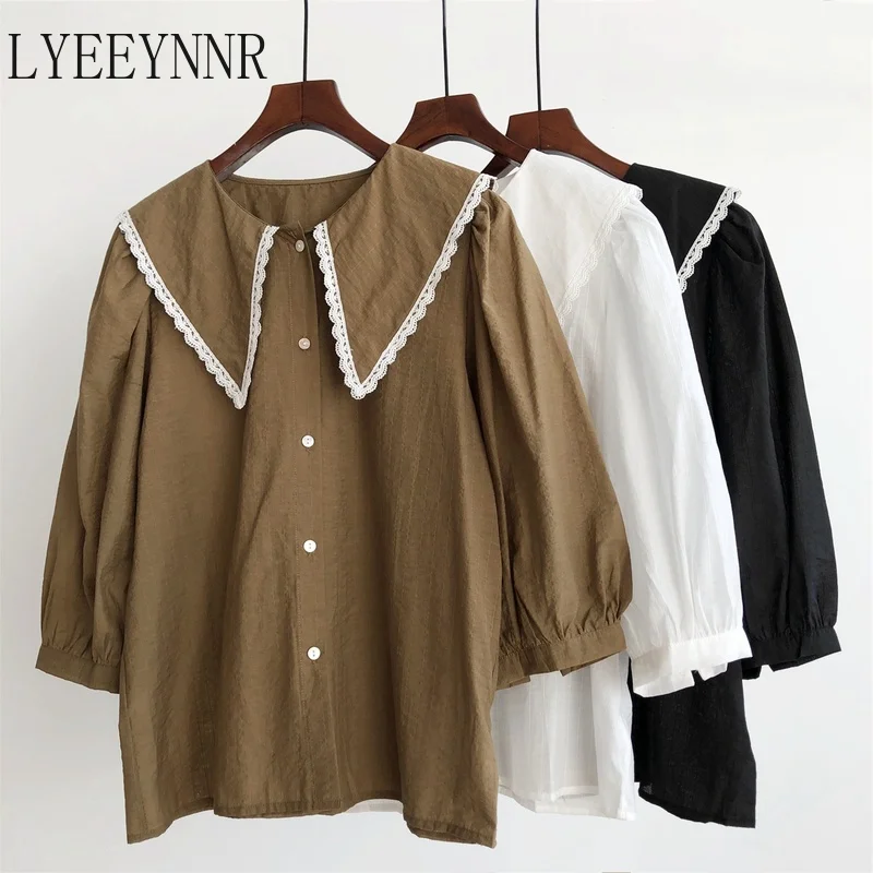 

LYEEYNNR Lace Patchwork Big Turn Down Collar Shirts Women Single Breasted Puff Sleeve Blouse Autumn New 2021 Vintage Ladies Tops