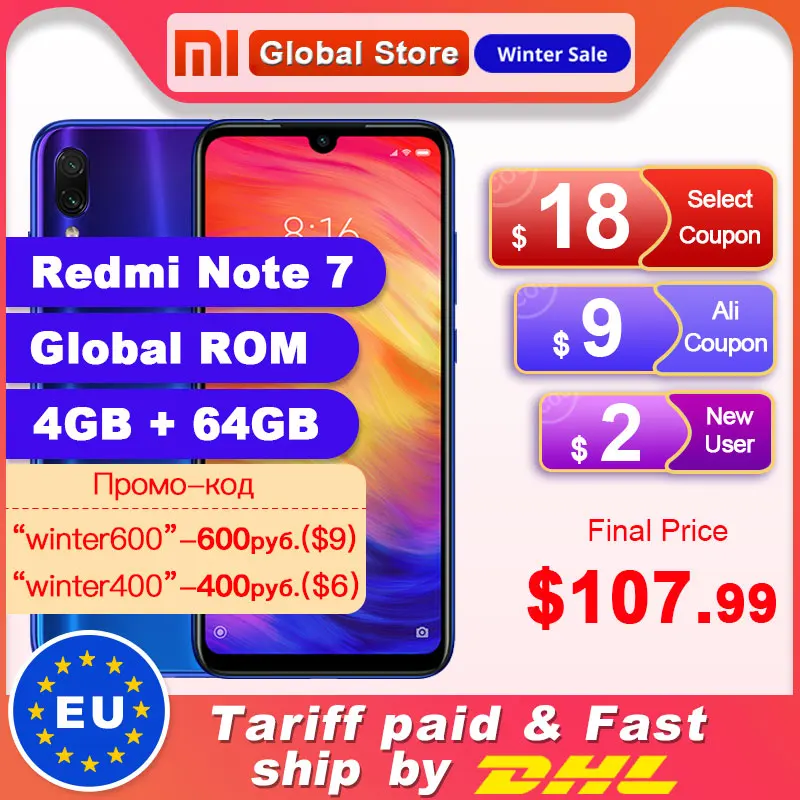 Xiaomi Redmi Note 7 с глобальной ПЗУ 64 Гб 4 ОЗУ мобильный телефон Snapdragon 660 четыре ядра 4000