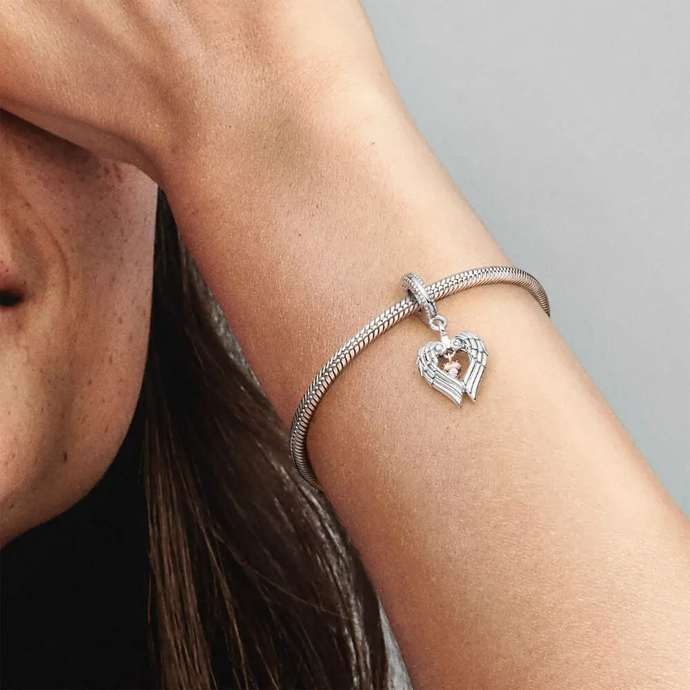 

Volayer 925 Sterling Silver Angel Wings & Heart Dangle Charm fit Original Pandora Bracelets for Women Jewelry Making Gift