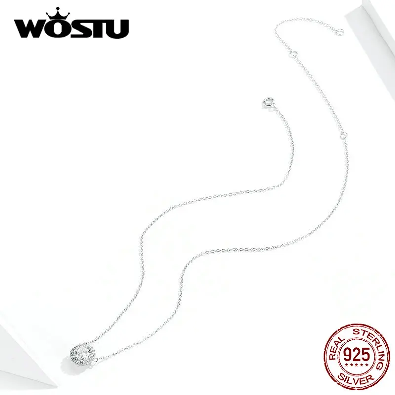 WOSTU 100% 925 Sterling Silver Delicate Zircon Necklaces Round Pendant For Women Long Chain Link Wedding Jewelry DXN345 | Украшения и