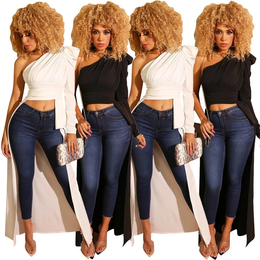 

Элегантный топ на одно плечо с пышными рукавами женская праздвечерние чная рубашка с длинным чехлом пикантные рубашки с высокой талией эст...