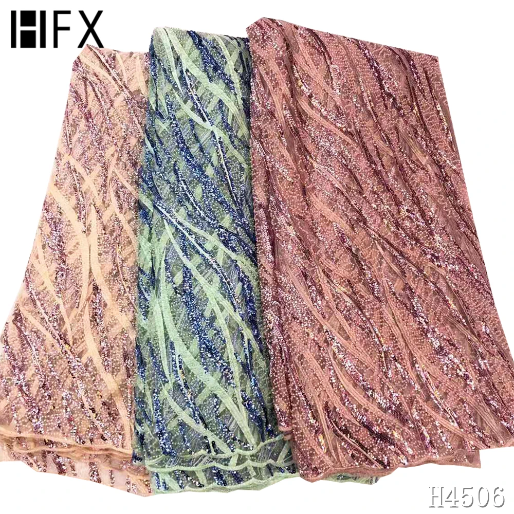

HFX African Lace Fabric 2021 High Quality French Mesh Lace Fabric With Sequins Nigerian Tulle Lace Fabrics For Wedding F4506