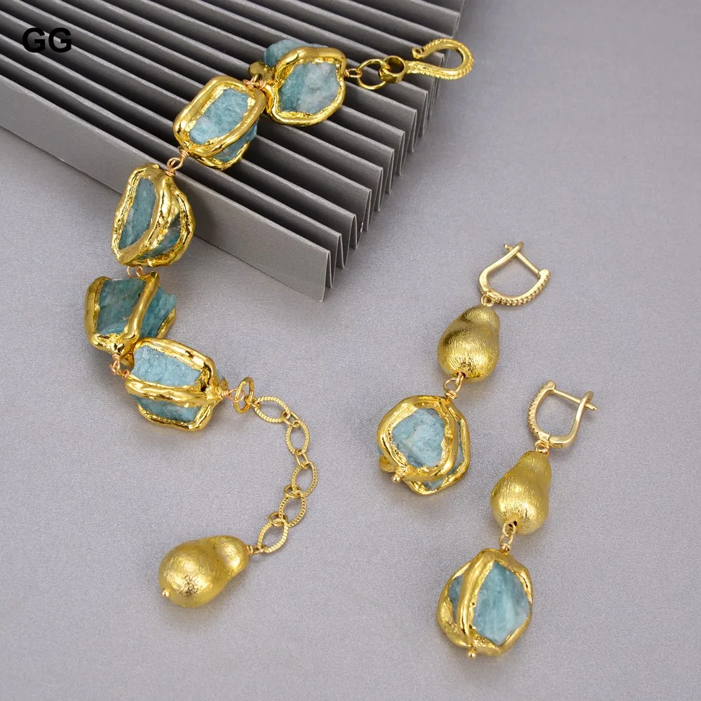 

GG Jewelry Natural Blue Amazonites Rough Nugget With Electroplated Gold Color Edge Bracelet Dangle Hook Earrings Sets For Women
