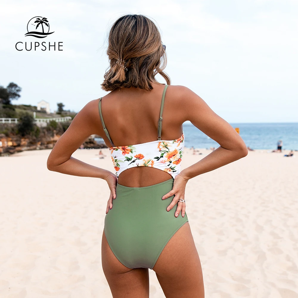 Зеленый слитный купальник CUPSHE с цветочным узелком пикантный женский монокини