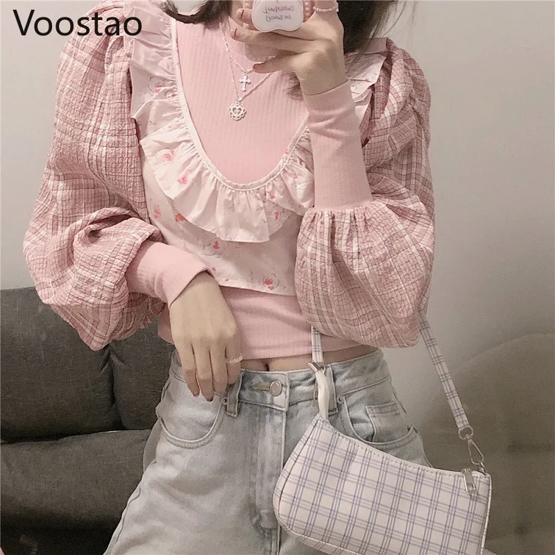 

Spring Sweet Women Chic Two Pieces Floral Print Blouse Crop Tops Girls Harajuku Plaid Splicing Puff Sleeve Shirts Autumn Blusas