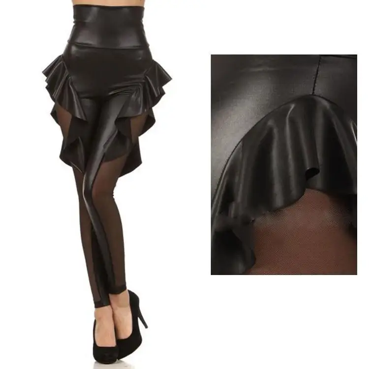 

Hot Sexy Club Women Gothic Leggings PU Leather Leggings Black Splicing Mesh Slim Long Pants Ladies Skinny Leggings Stretchy Y105