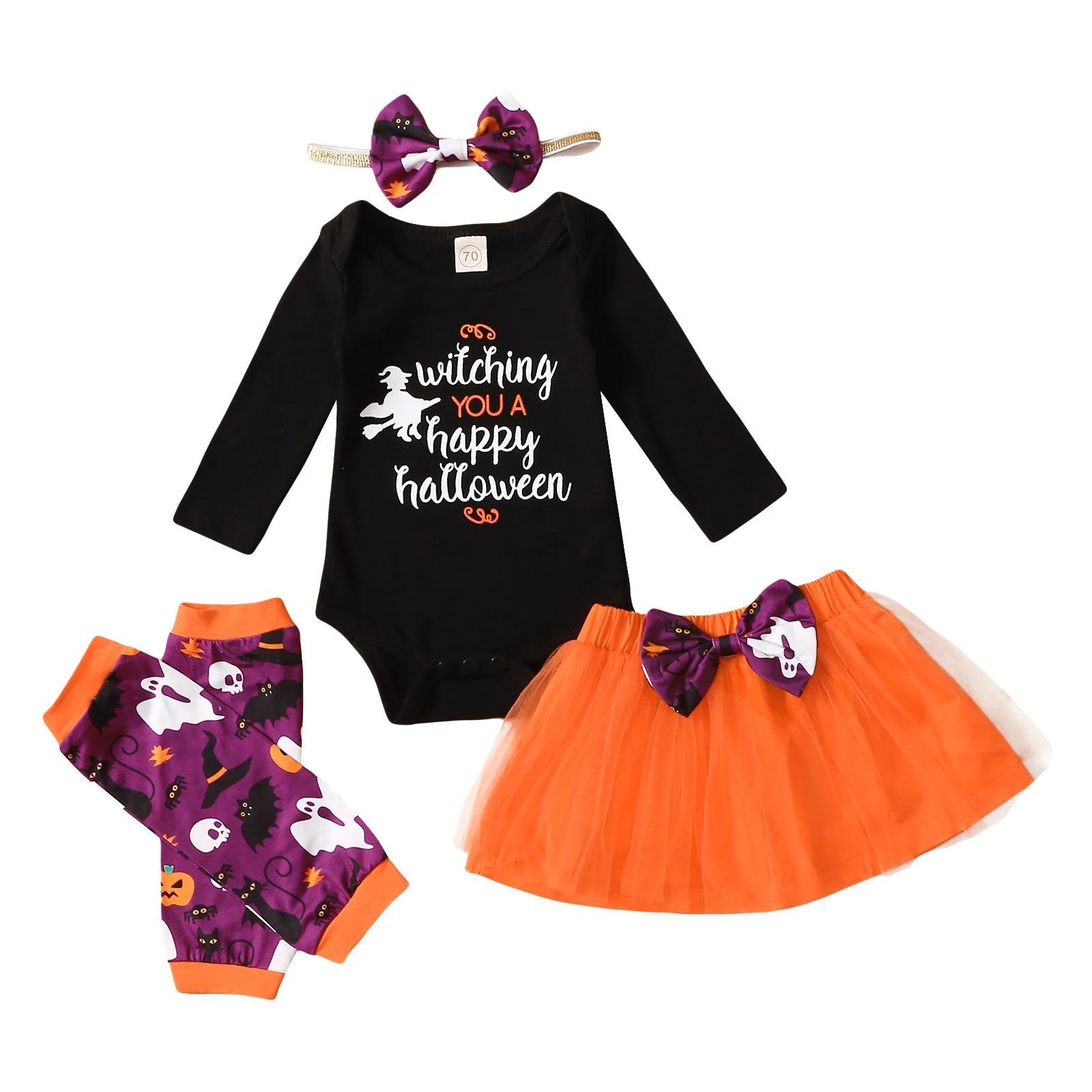 

2021-06-22 Lioraitiin 0-12M Newborn Baby Girl’s Outfits Four Piece Suit Halloween Letter Romper Skirt Headband & Leg Warmer
