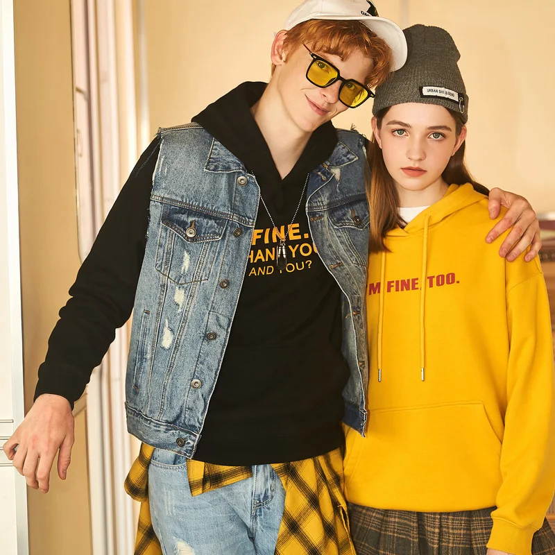 

Tonlion Winter New Couple Sweater Letter Print Hooded Men and Women Fleece-Lined Student