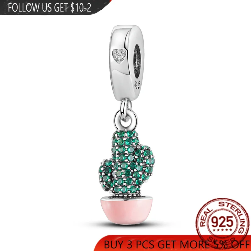 

Fashionable 925 Sterling Silver Green Zircon Potted Cactus Bead Charm Fit Pandora Bracelet Bangle Making Women DIY Jewellry Gift