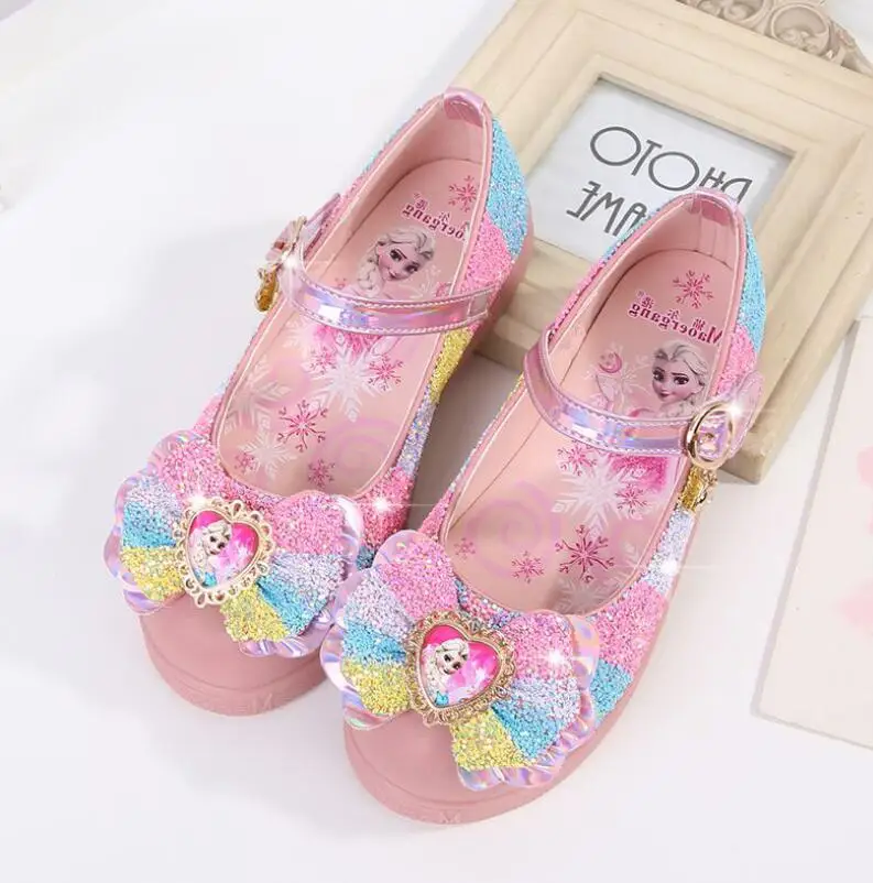 Kids Princess Elsa Sandals Girls Glitter Leather Shoes Fashion Bow Party Wedding Dress Flat Children Banquet |
