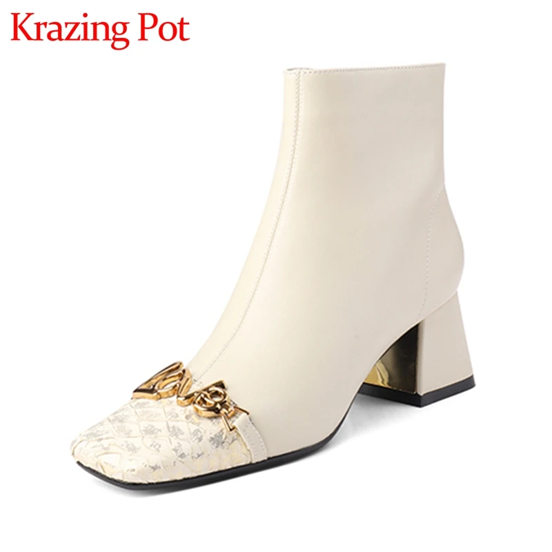 

Krazing Pot cow leather metal decorations zipper plus size 42 square toe gorgeous winter thick med heels shiny ankle boots l02