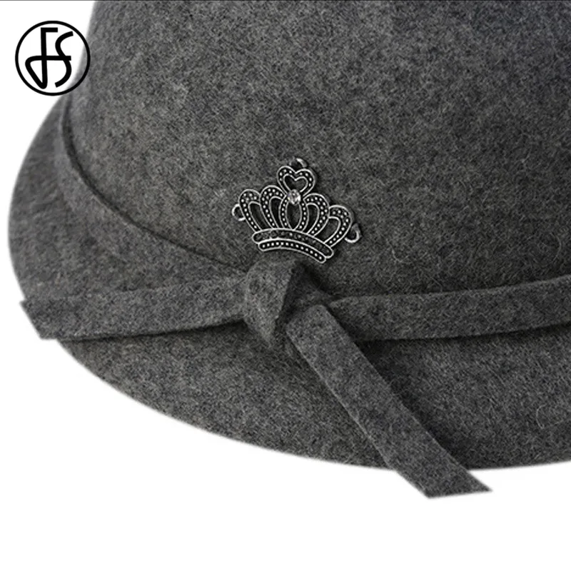 FS элегантная женская шерстяная фетровая котелок черный красный Fedora шляпы для дам