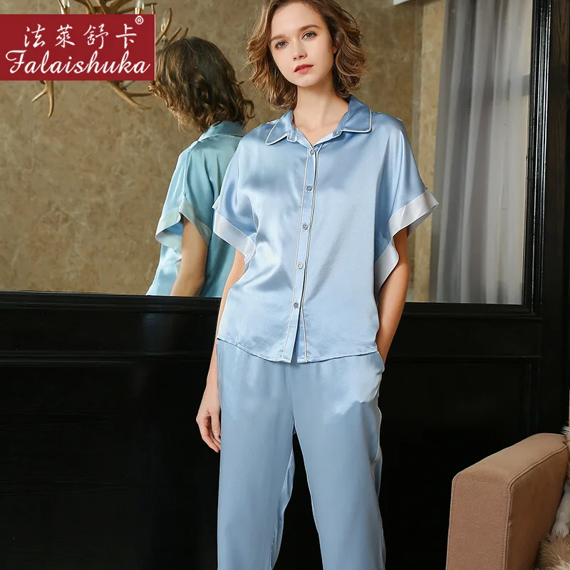 Elegant Navy blue 100% silk pajamas sets women sleepwear short sleeves Korean sexy 100% genuine silk womens pyjamas T8233