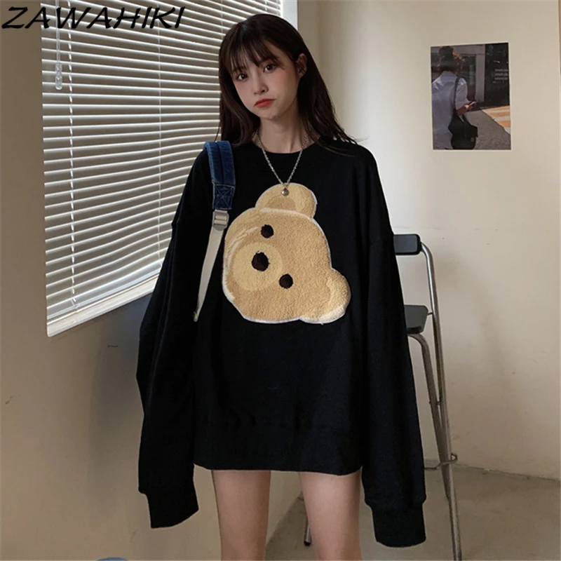 

ZAWAHIKI Cartoon Bear Hoodies Women Autumn 2021 Korean Casual Loose Long Sleeve Pullover Tops All-match Sweatshirts Fashion Ins