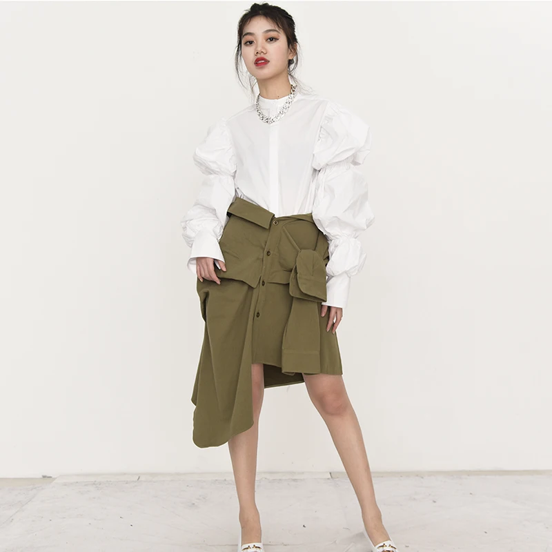 

[EAM] High Waist Army Green Irregular Bandage Personality Half-body Skirt Women Fashion Tide New Spring Autumn 2021 JG66406