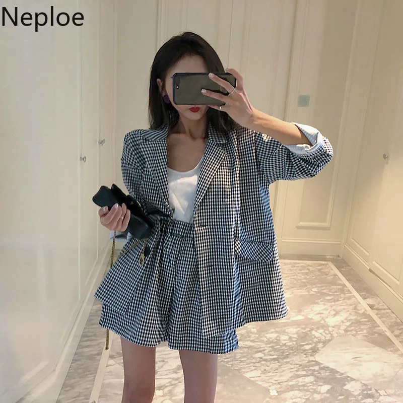 Neploe винтажный Женский блейзер костюм 2020 зубчатый в клетку Длинный + эластичная