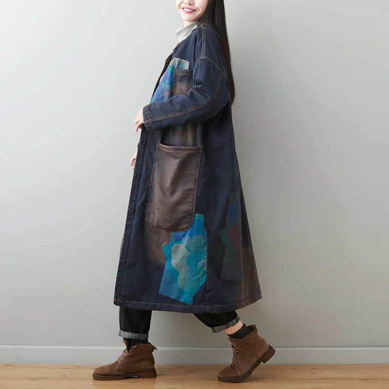 Warm Plush Thickened Cotton Coat Personalized Fleece Jacket For Women Cardigan Large Loose Size Female Retro Vintage Printing