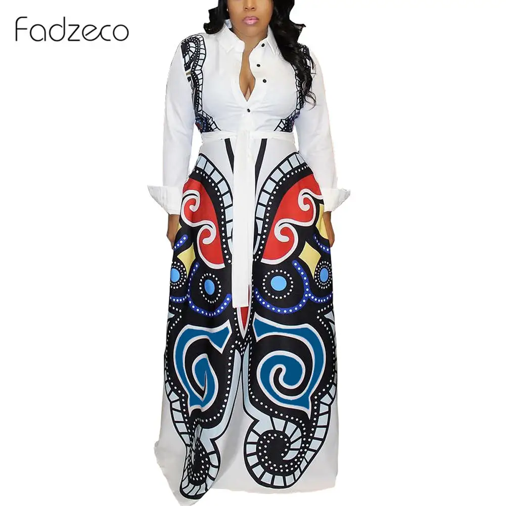 White Fadzeco женская рубашка в африканском стиле с длинными рукавами, элегантные сексуальные платья с цветочным принтом и пуговицами, Повседневные Вечерние платья макси с поясом - Цвет: White