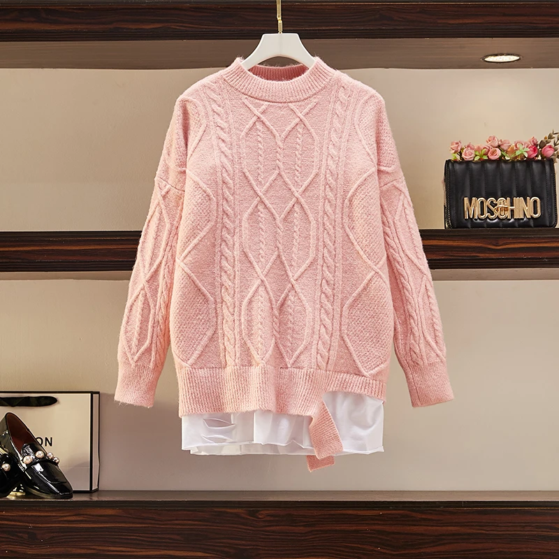 

Willstage Plus Size Women Sweater 4XL Knitted Tops Patchwork Warm Loose Sweaters 2021 New Year Wear Casual Knitted blouse