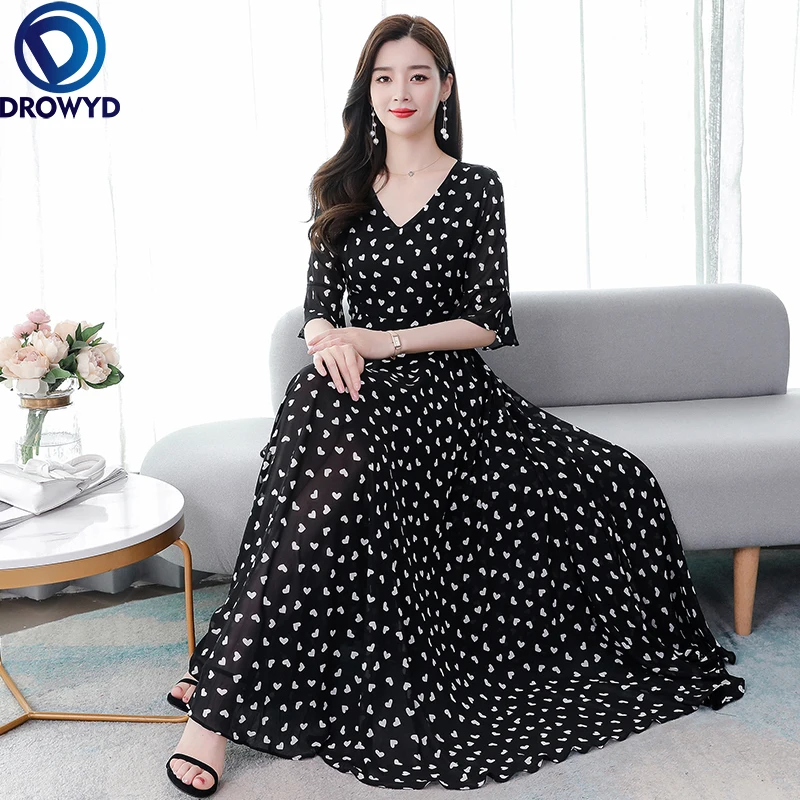 

2021 High Quality Black Pink Chiffon Sweet V-neck Maxi Dress Summer Vintage Midi Sundress Women Elegant Bodycon Party Vestidos