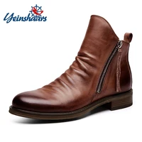 new fashion vintage british men leather shoes casual round toe double zip ankle boots spring autumn business dress chelsea boots