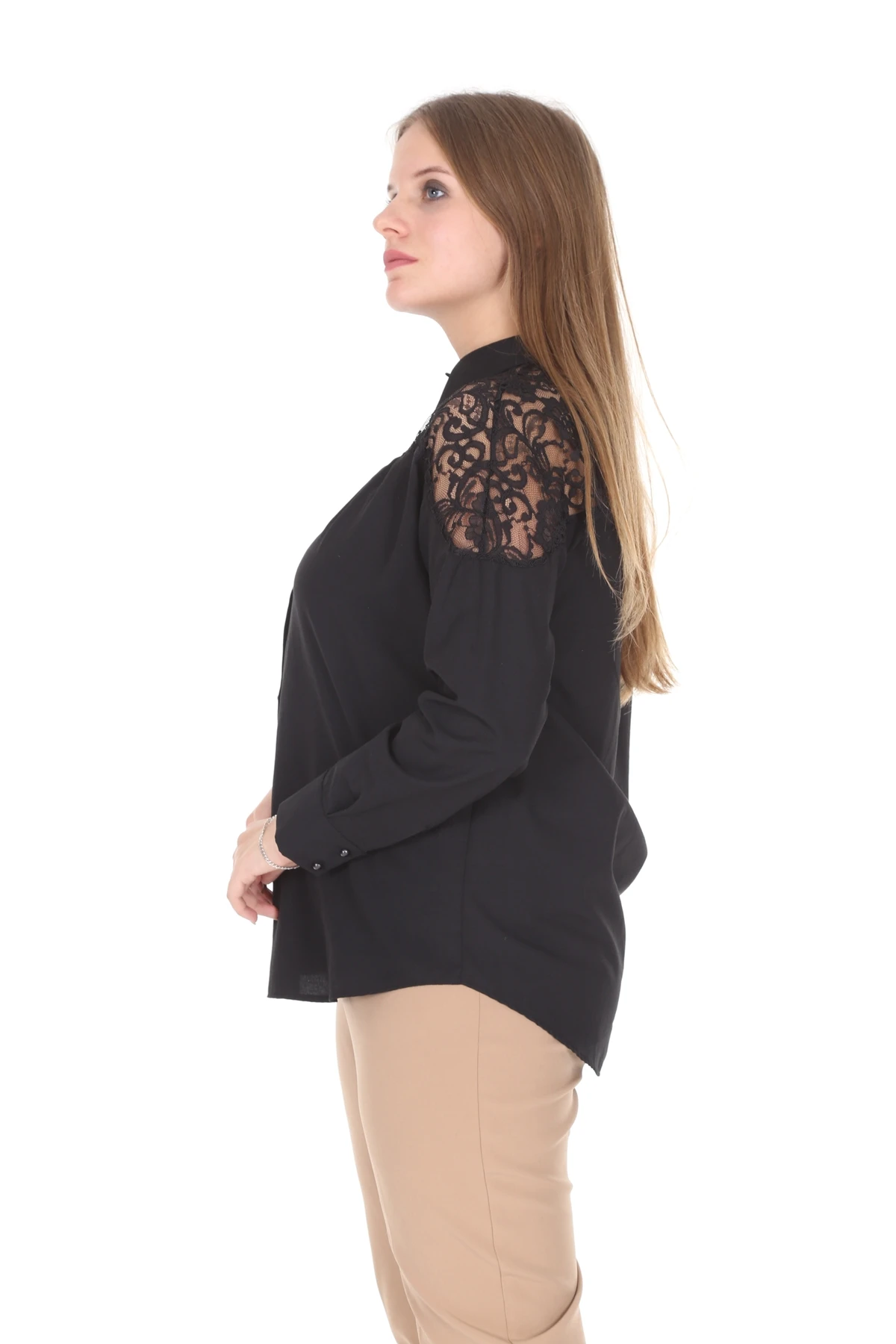 

Lir Women Large Size Rib top Lace Long Sleeve Shirt Black L4040