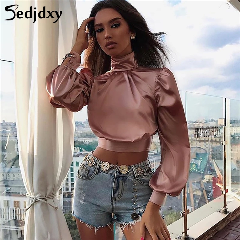 Шелковая пышная Водолазка с длинным рукавом укороченный топ 2019 летняя блузка