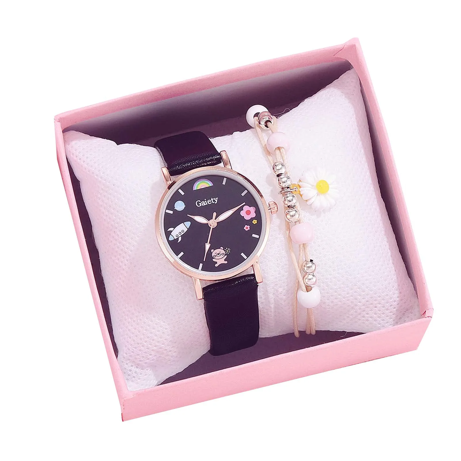 

Quartz Watch Women Fashion Cartoon Daisy Watch Bracelet And Wristwatch Set Leather Band Strap Watches Contain Paper Box relogio