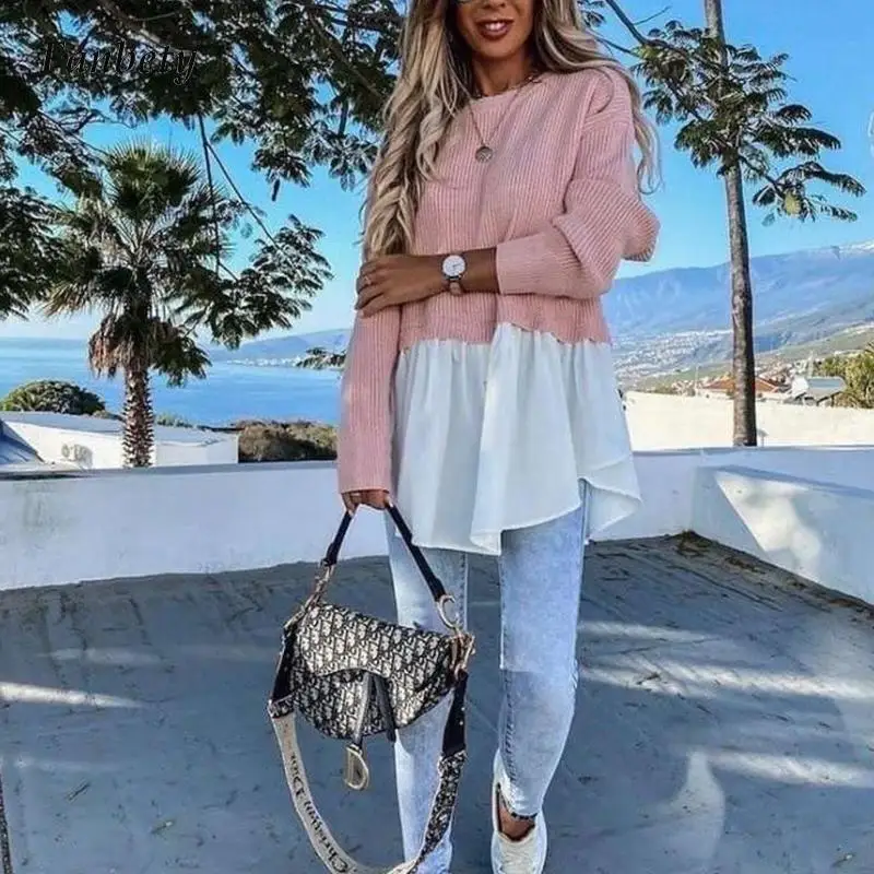 

Women Elegant Patcwork Print Knit Sweater Autumn Winter Casual O-Neck Long Sleeve Pullover Tops Lady Fashion Button Loose Jumper
