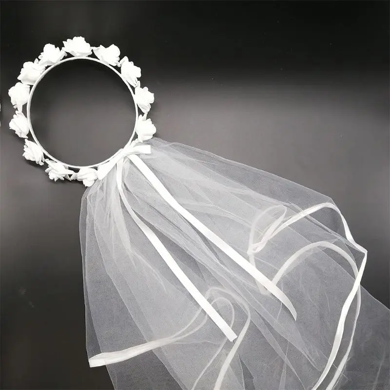 

New Women Bridal Flower Hair Wreath With White Veil Garland Wedding Headband Crown Adjustable Lace Up Ribbon Bachelorette Party