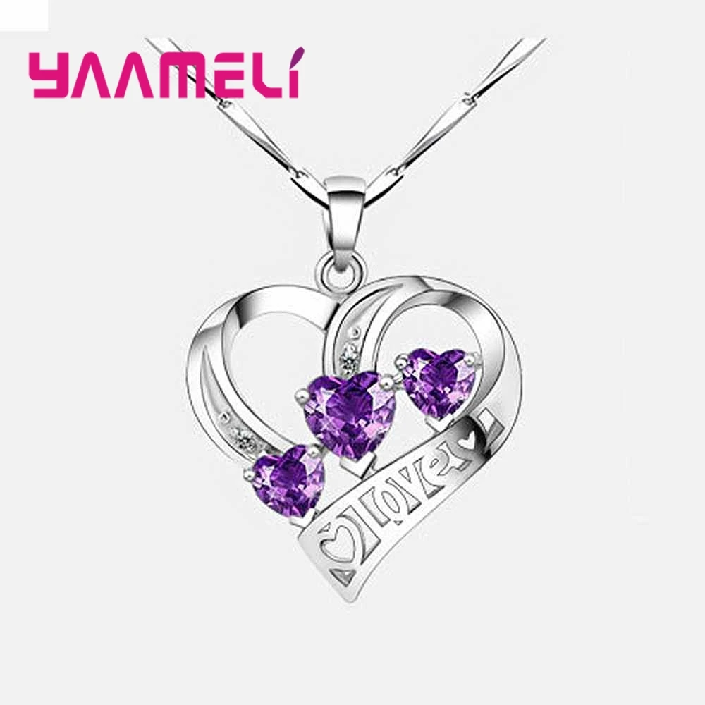 

Two Color Necklace Pendant Lovely Shape With "Love" Three Crystal Heart Blue/Purple 925 Sterling Silver Jewelry For Wome