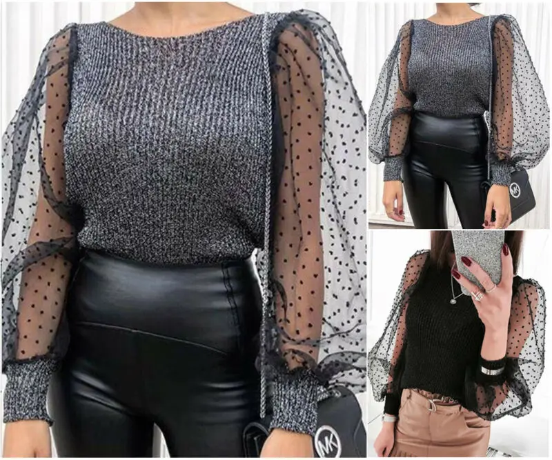 Готический Женский пуловер сетчатые элегантные футболки прозрачные