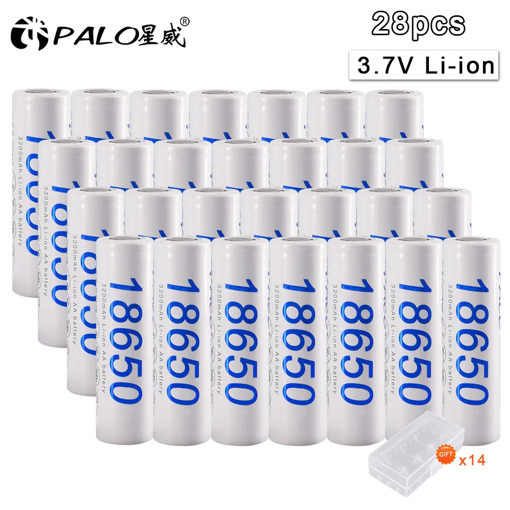 PALO 16-30 шт 18650 литий-ионный аккумулятор 3,7 V 3200mAh для аккумуляторов фонарика+ коробка для хранения - Цвет: 28pcs