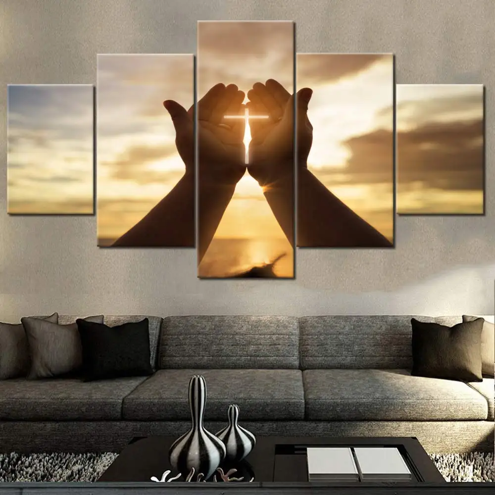 

No Framed 5Pcs Cross Jesus Hand Prayer Christian Posters HD Canvas Wall Art Pictures Decoration Accessories Home Decor Paintings