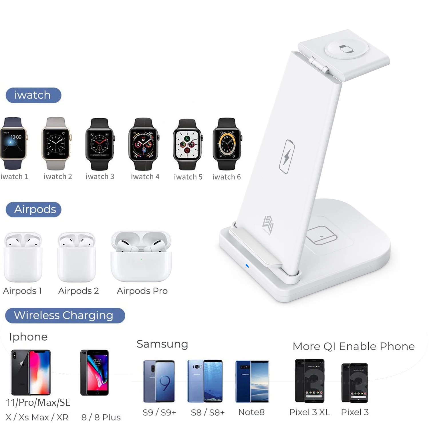 

Universal 3 in 1 Folding Wireless Charger For Fast Charging For Mobile Phones Watches And Earphones QI Certified 15W Fast Charge
