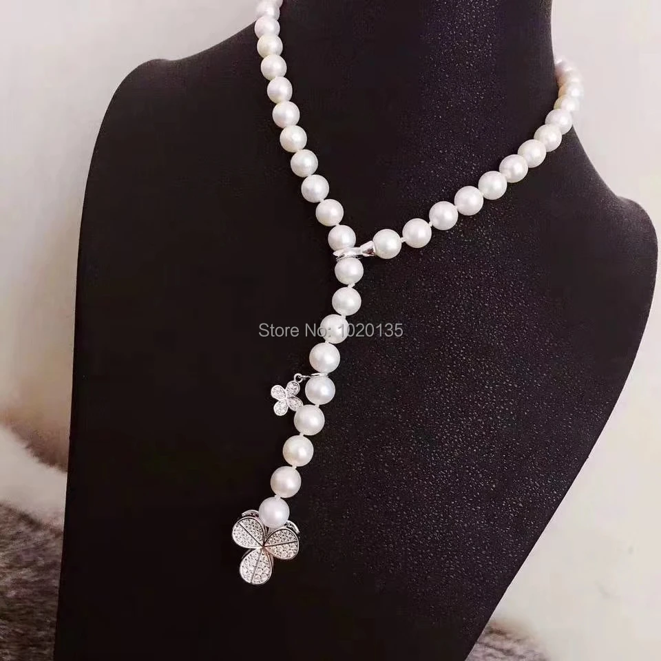 

freshwater pearl white near round 7-8mm necklace 18inch nature zircon flower FPPJ wholesale