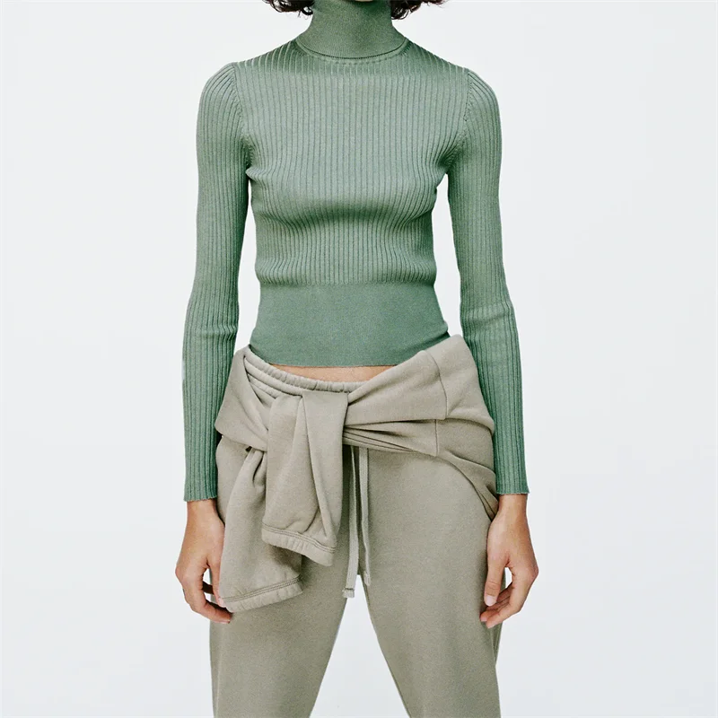 

Women 2021 Fashion Loose Cropped Collar Rib Knitted Sweater Vintage Stand-up Long Sleeve Female Pullovers Chic Tops