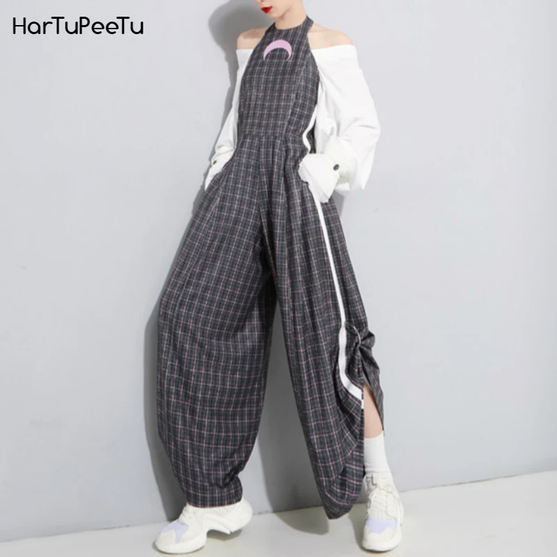 Women Sexy Backless Jumpsuit Harajuku Style Moon Embroidered Hit White Edge Ring Pleated Wide Leg Bodysuit Couplet Pants Summer