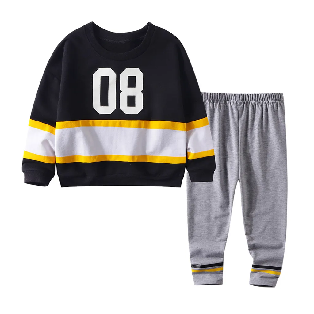 Модная футболка в полоску стиле пэчворк для маленьких мальчиков топ + брюки