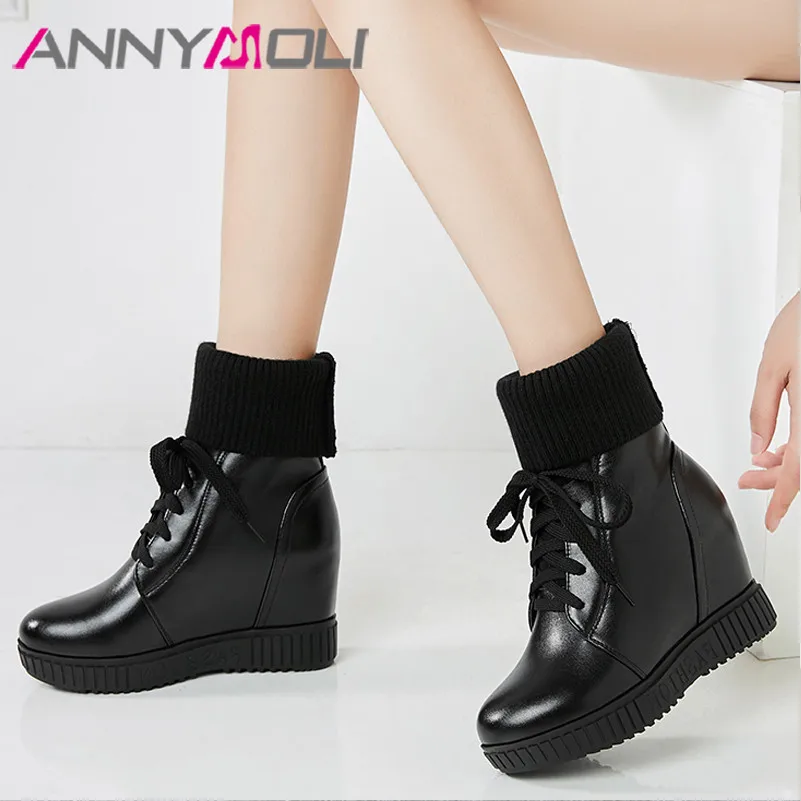 

ANNYMOLI Winter Ankle Boots Women Lace Up Height Increasing High Heels Short Boots Fashion Round Toe Shoes Lady Fall Big Size 43