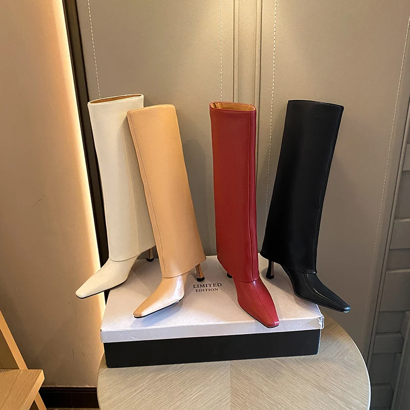 Женские свадебные сапоги до колена черные или бежевые из натуральной кожи на