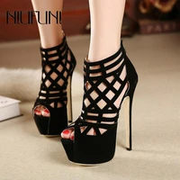 black gladiator peep toe hollow platform women sandals suede size 35 40 fine high heels sexy nightclub ladies shoes zip stiletto