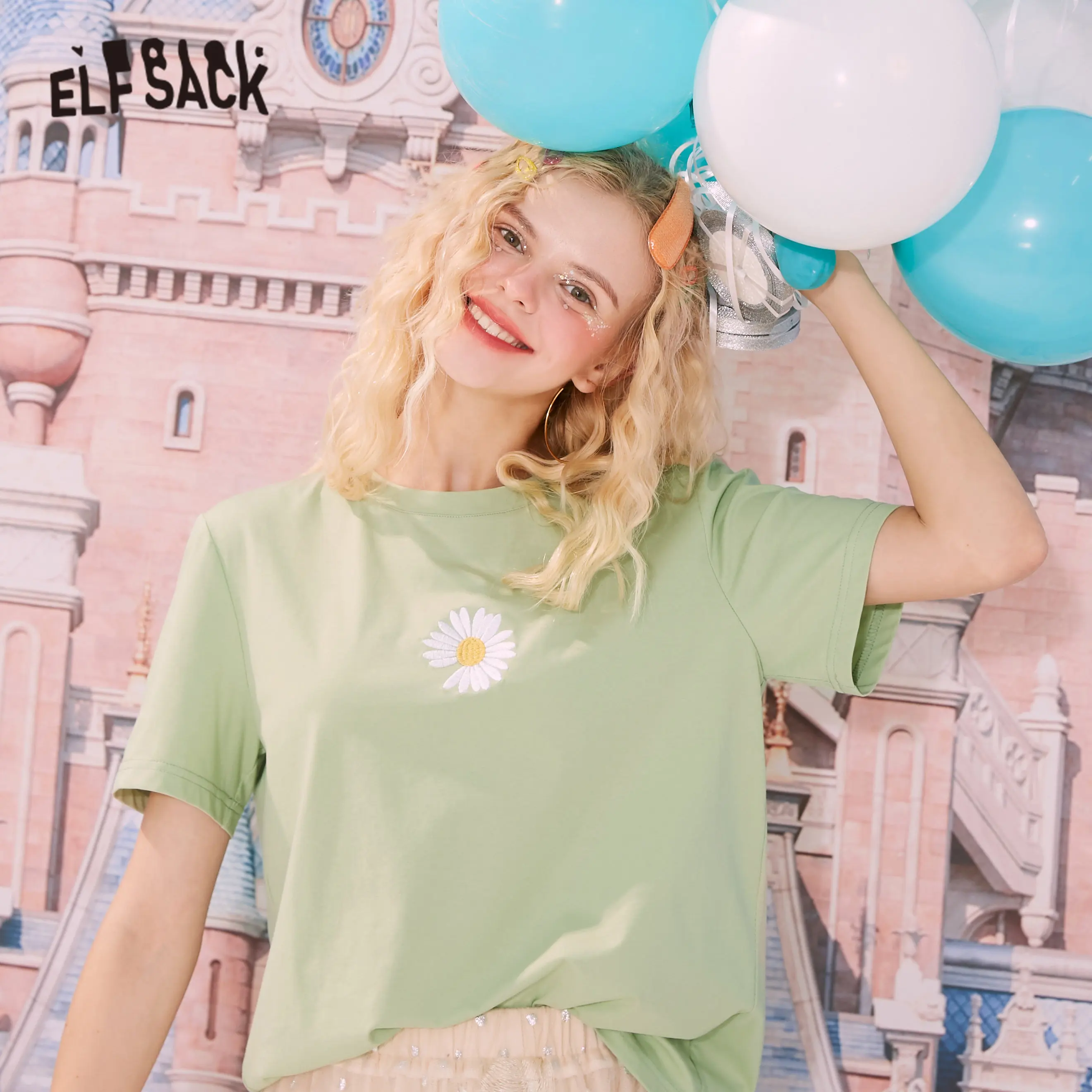 Женские повседневные футболки ELFSACK однотонные с вышитыми ромашками коротким