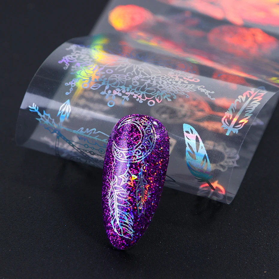 10pc Holographic Foils Nail Transfer Wraps Lace Flower Snowflake Clear Black Adhesive Sticker Set Nail Foil Gradient Tips CH1040