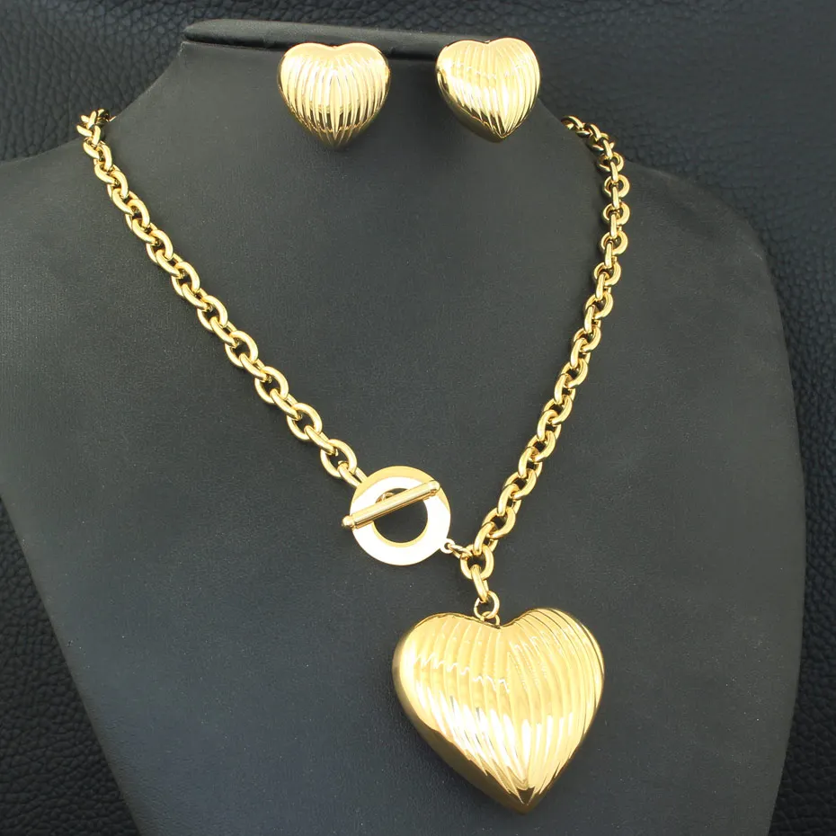 Модные золотые серьги-гвоздики в форме сердца ожерелье из нержавеющей стали