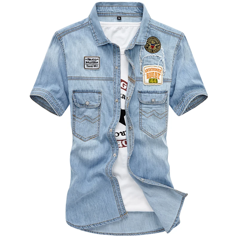 Мужские синие джинсовые рубашки новые летние тонкие с коротким рукавом хорошее