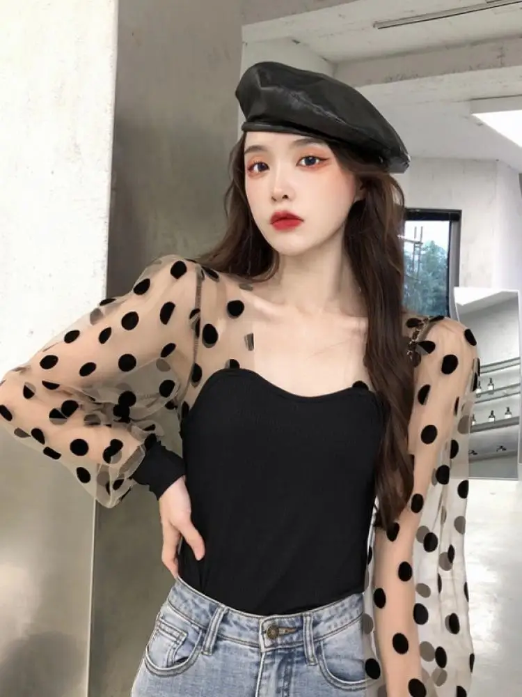

Spring And Autumn New Ladies French Retro Chiffon Polka Dot Lantern Tulle Long Sleeve Top Square Neck T-Shirt Pullover